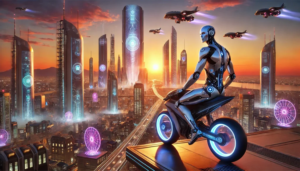 Mit Dall-E erstelltPrompt: Mit Leonardo AI erstellt Prompt: Create a scene in a futuristic city at sunset. In the foreground, there is a sleek, humanoid robot figure in modern clothing, sitting on a hovering motorcycle. The robot has a slim, metallic structure with blue LED accents. In the background, tall skyscrapers with glowing neon lights and holographic billboards rise high into the sky. Futuristic aircraft can be seen flying into the distance. The atmosphere is vibrant yet peaceful, and the sky is painted with warm orange and purple hues. The city feels advanced and clean, with flying cars and floating bridges between buildings