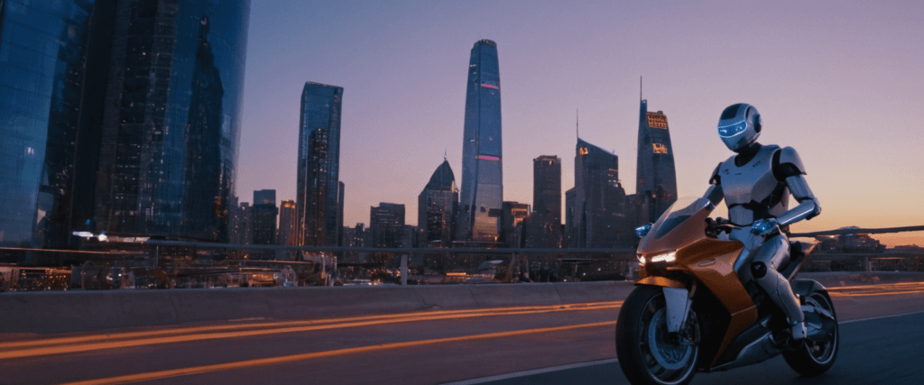 Create a scene in a futuristic city at sunset. In the foreground, there is a sleek, humanoid robot figure in modern clothing, sitting on a hovering motorcycle. The robot has a slim, metallic structure with blue LED accents. In the background, tall skyscrapers with glowing neon lights and holographic billboards rise high into the sky. Futuristic aircraft can be seen flying into the distance. The atmosphere is vibrant yet peaceful, and the sky is painted with warm orange and purple hues. The city feels advanced and clean, with flying cars and floating bridges between buildings