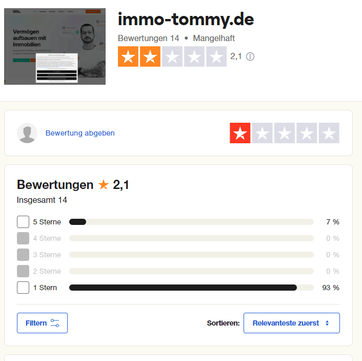 Viele negative Bewertungen auf Trustpilot