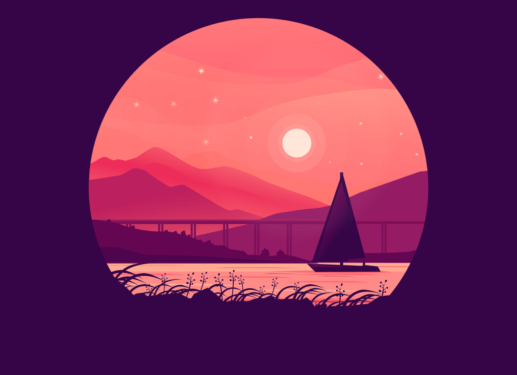 mountain, lake, sunset, boat, sea, moon, stars, nature, ship, landscape, bridge, digital art, sunset, boat, boat, moon, moon, moon, moon, moon, nature, ship, landscape, digital art, digital art