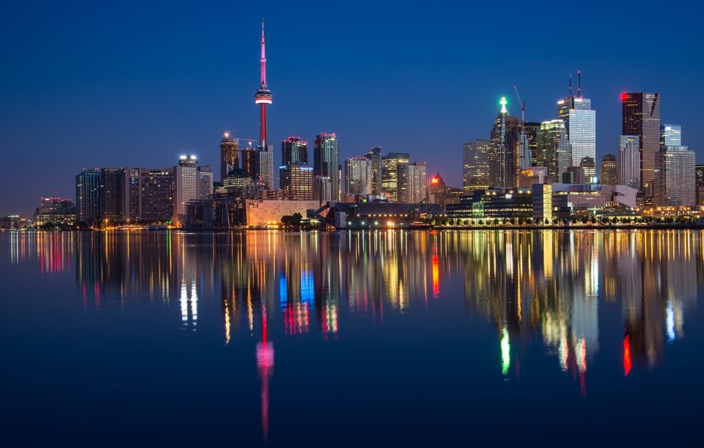 buildings, cn tower, river, waterfront, illuminated, city lights, cityscape, skyline, skyscrapers, architecture, reflection, water reflection, mirroring, canada, night, night photography, ontario, toronto, water, calm waters, canada, nature, canada, canada, canada, canada, toronto